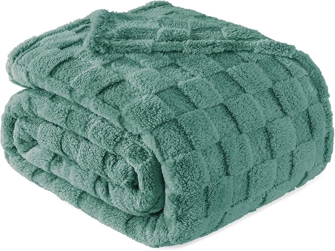 Exclusivo Mezcla King Size Flannel Fleece Blanket, Super Soft and Warm Lightweight Checkered Pattern Blankets for All Seasons, 90x104 Inches, Celadon