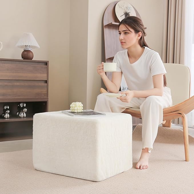 Tiita Square Stuffed Pouf Ottoman, Plush Poufs with Foam Chunk Filling, Foot Rest Stool for Living Room, Cream