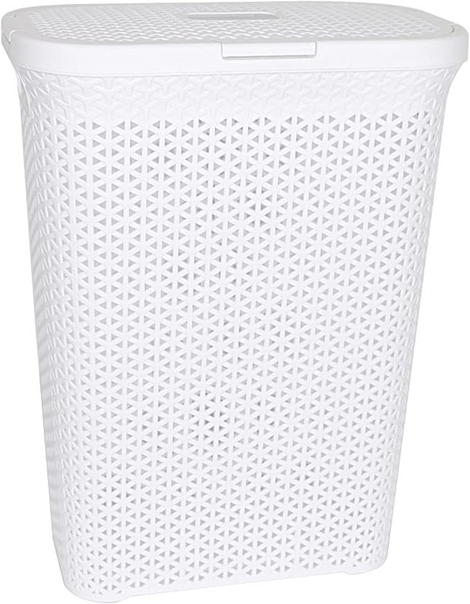 YBM Home Plastic Rattan Laundry Hamper Basket with Hinged Lid, Ventilation Holes, Durable, Lightweight Bin With Cutout Handles, Storage Dirty Clothes, Space Saver, 10.5" x 17.5" x 23.75", White