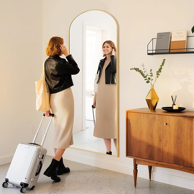 DUMOS Arched Wall-Mounted Full Length Mirror 26"x71" for Bedroom, Full Body Floor Mirror with Stand, Hanging or Leaning for Wall, Gold