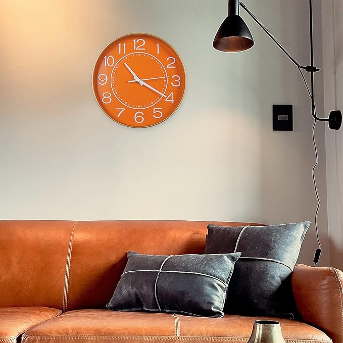 HZDHCLH Small Wall Clocks Battery Operated,Quartz Movement,Silent Non Ticking Modern Wall Clock for Living Room Bedroom Kitchen Office School Classroom Decor(10 inch,Orange & Gold)