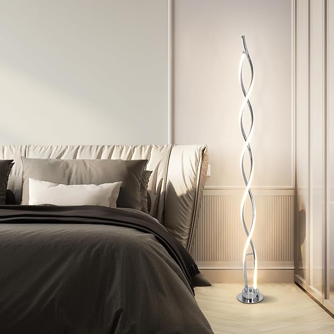 ADISUN 31W Modern Floor Lamp, LED Spiral Floor Lamp for Living Room, 3-Color Dimmable Standing Lamp with Remote Control, 58" Tall Floor Lamps for Living Room Bedroom Office Dining Rooms (Silver)