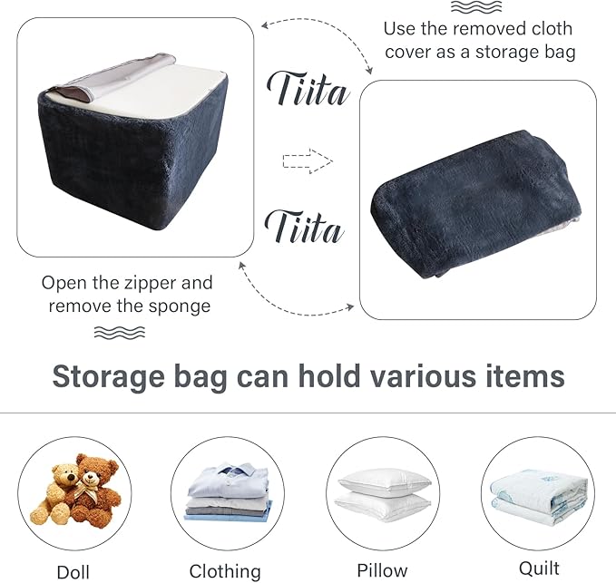 Tiita Stuffed Pouf Ottoman, Square Foot Stool Fluffy Floor Poufs Chair for Living Room Bedroom, Filled Boho Foot Rest for Couch, Blue-Grey