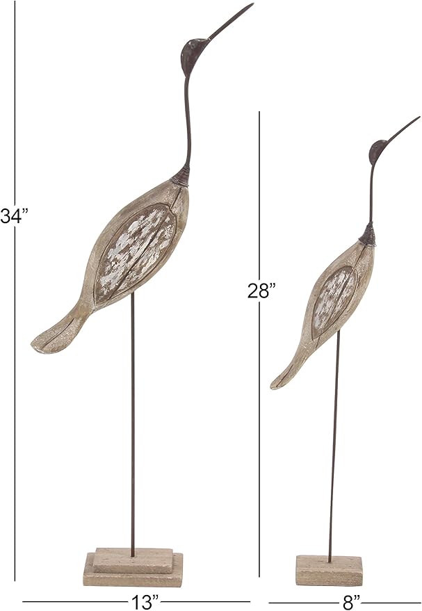 Deco 79 Wood Bird Decorative Sculpture Home Decor Statues, Set of 2 Accent Figurines 28", 34"H, Brown