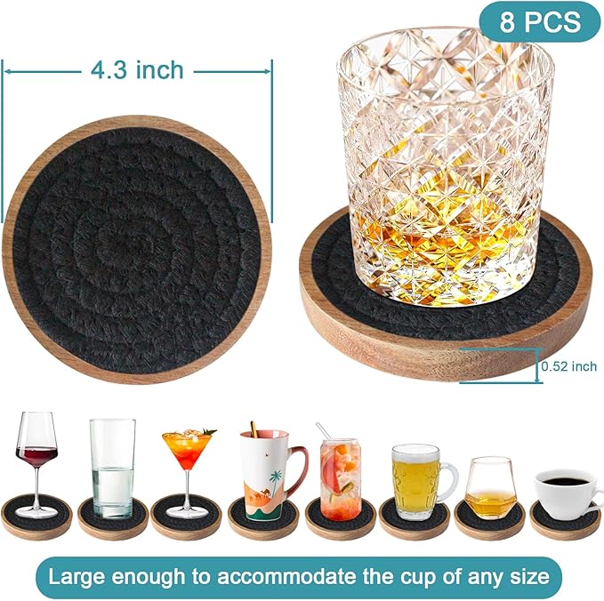 Wood Coasters for Drinks, Absorbent Coaster Sets of 8, Woven Drink Coasters for Coffee Table, Housewarming Gift for Farmhouse Home Decor,4.3 inches Black