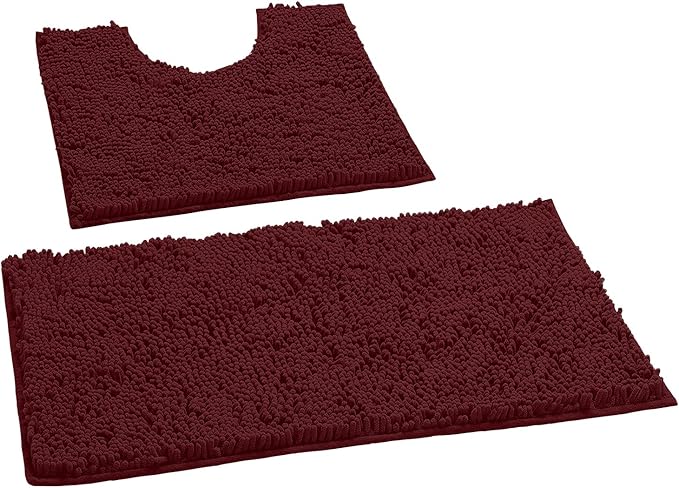 LuxUrux Bathroom Rugs Sets 2 Piece: Quick Dry, Soft Plush Anti-Slip, Super Absorbent. Includes Rectangular (31x20 inches) & U-Shaped Toilet Mat (20x20 inches) | Burgundy