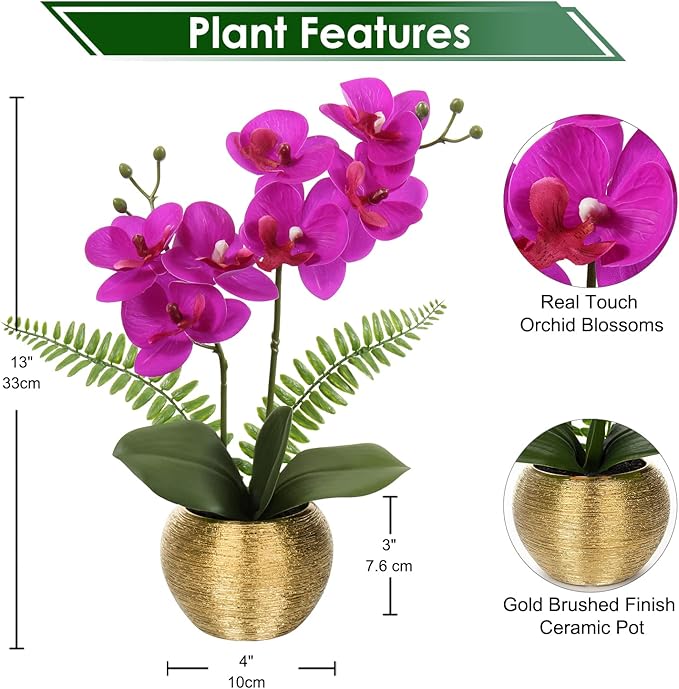 Briful Fake Orchid Flowers 13'' Hot Pink Orchids Artificial Flowers with Gold Ceramic Vase Faux Orchid for Home Office Table Centerpiece Decor Indoor