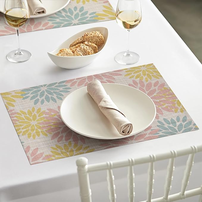Artoid Mode Floral Vinyl Placemats Set of 4, 12x18 Inch Heat Resistant Washable Non-Slip Plistic PVC Place Mats for Party Kitchen Dining Decor, Pink Blue