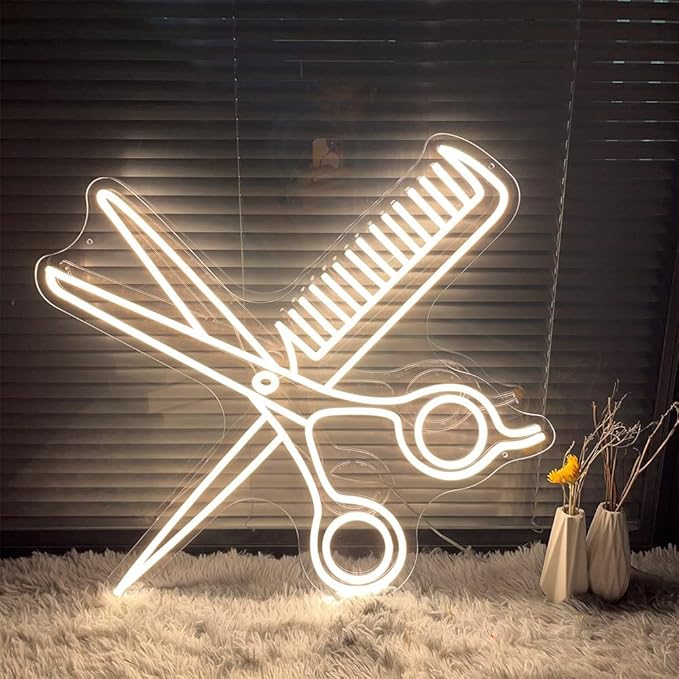 Scissors Neon Sign for Business-Adjustable Brightness Neon Lights Sign for Party Bar Salon Stores Shop Hotel Wall Decor With Hanging Chain for Store Windows-25 IN