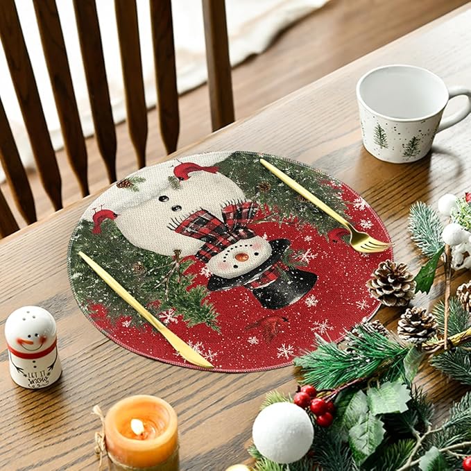 Artoid Mode Snowman Trees Snowflakes Christmas Round Placemats Set of 4, 14 Inch Winter Round Table Mats for Dining Decoration