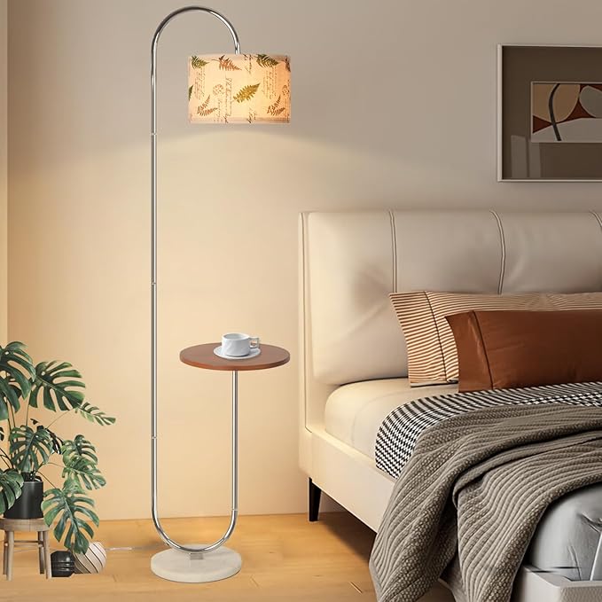 Hsyile Arc Floor Lamp with Hanging Drum Shade for Living Room-Marble Base Modern Tall Stand Up Light with Table, Contemporary Over The Couch Chrome Lamp Standing Lamps