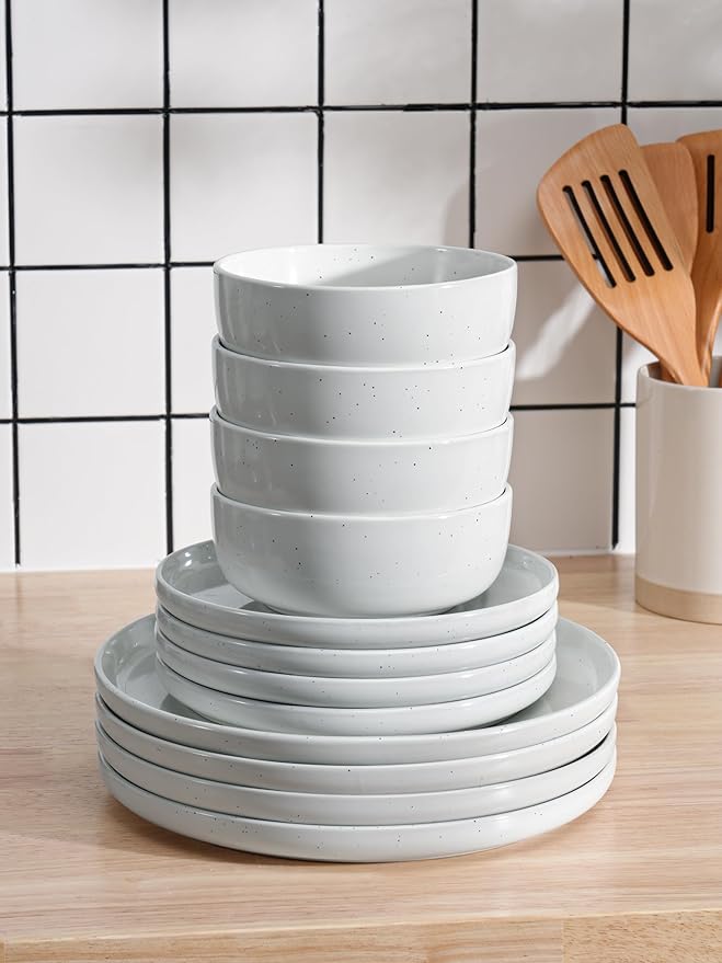 Famiware Dawn Plates and Bowls Sets, 12 Pieces Stoneware Dinnerware Sets, Dishes Set for 4, Microwave and Dishwasher Safe, White
