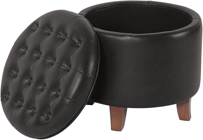 HomePop Home Decor | Upholstered Round Faux Leather Tufted Foot Rest Ottoman | Ottoman with Storage for Living Room & Bedroom | Decorative Home Furniture, Black Faux Leather