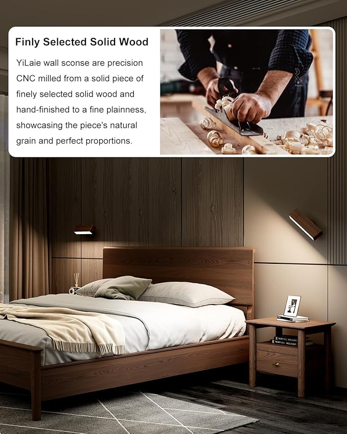 YiLaie Wall Sconces Battery Operated Set of 2,Rechargeable Wall Sconce for Bedroom,Wireless Wall Lights Dimmable,Wood Wall Lights with 360 Rotation,Peel and Stick Wall Sconces for Bedroom Bedside