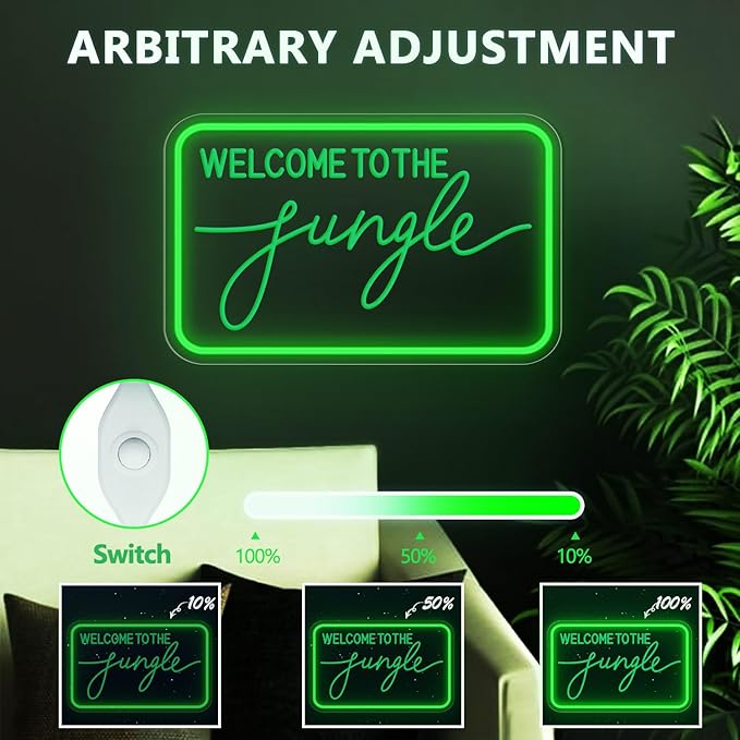 Welcome to The Jungle Neon Sign for Wall Decor, LED Neon Lights Party Decorations, USB Powered Switch Adjustable Brightness LED Neon Lights, for Office Room, Gym Room, Man Cave Decor
