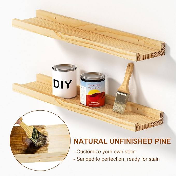 Picture Ledge Shelf, 16 inch Solid Pine Wood Floating Shelves, Floating Book Shelves for Living Room Bedroom Kitchen Decor, Natural Unfinished, No Stain, DIY, Set of 4 (Maple Wood, 4Pack 16inch)