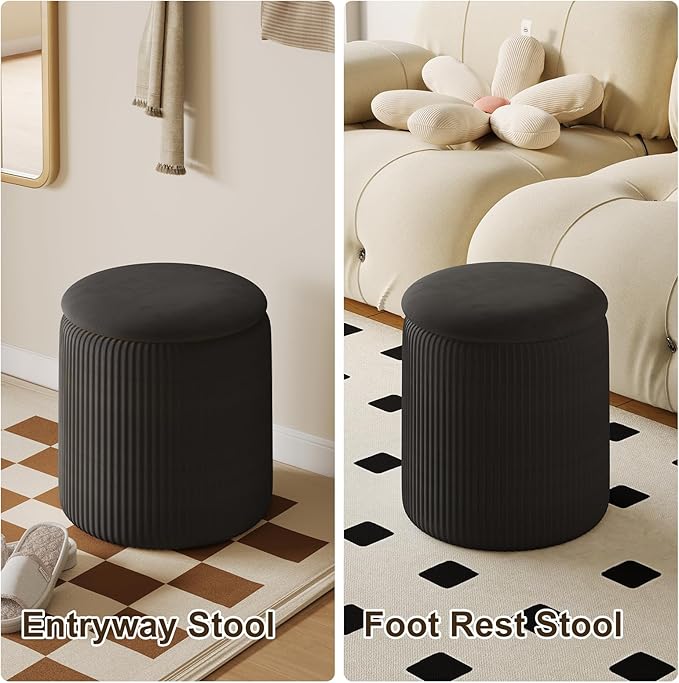 Black Velvet Ottoman with Storage Set of 2, Round Storage Ottoman Foot Rest, Black Makeup Vanity Chair, Small Vanity Stool with Storage, Pouf Ottomans for Living Room, Bedroom