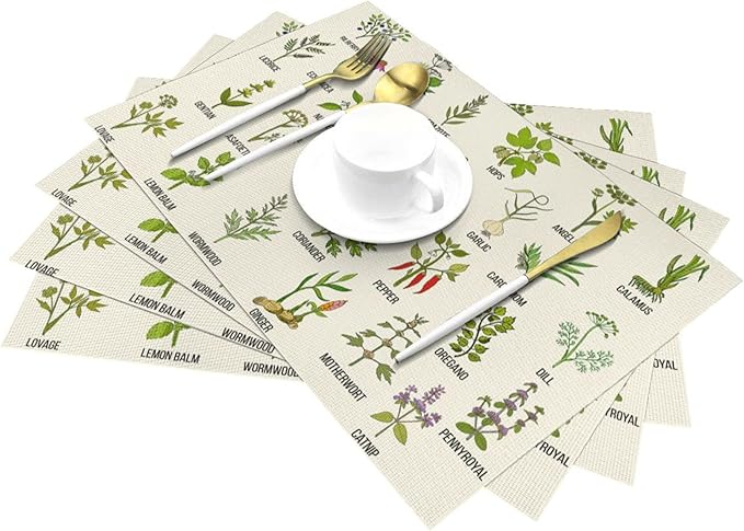 Cute Herbs Botanic Garden Plants Placemats Set of 4 Linen Washable Heat-Resistant Kitchen Table Mats for Dining Outdoor Spring Summer Holiday Home Decor 12x18 Inch