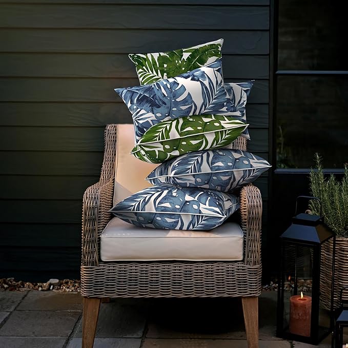 LVTXIII Outdoor Throw Pillow Covers Set of 2, Patio Waterproof Pillow Cases Fade Resistant Accent Pillow Covers for Home and Garden Furniture Decoration, 16x16, Palms Blue