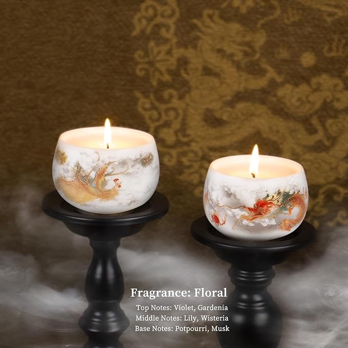 KONNI Scented Candles Gifts for Women Men 2PCS 5.3 Oz Wisteria Scent Ceramic Jar Candles Home Scented 60 Hours Bruning Time Soy Wax Dragon and Phoenix Aromatherapy Candles Decoration