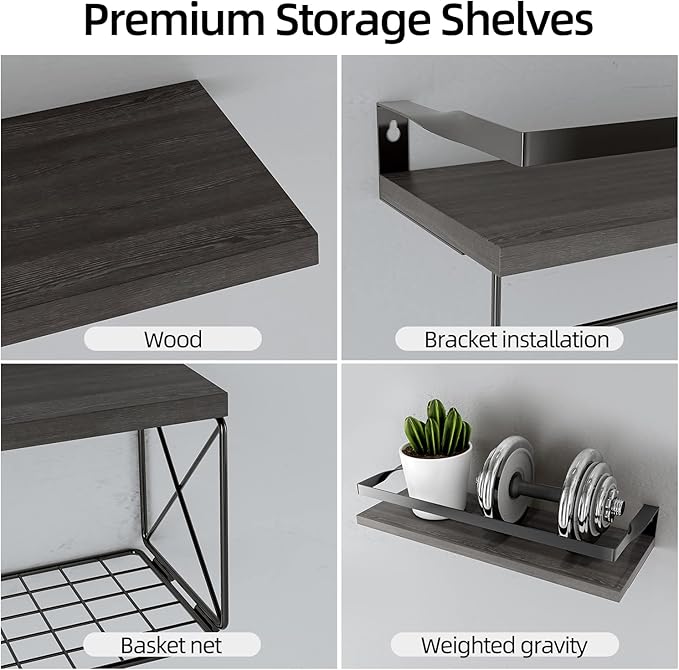 Bathroom Shelves with Wire Storage Basket, Floating Shelves Over Toilet with Protective Metal Guardrail, Wall Shelves for Bedroom, Living Room, Kitchen and Bathroom Toilet Paper