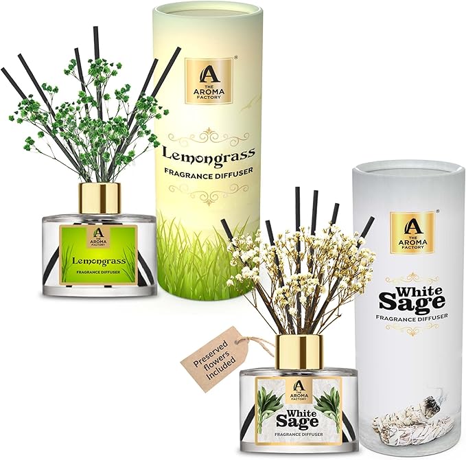 The Aroma Factory Fragrance Reed Diffuser Set with Natural Essential Oil, Aroma Sticks & Real Preserved Flowers | Luxury Home Decor Scent (Lemongrass & White Sage, 2 Pack)