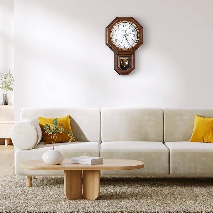 Pendulum Wall Clock Battery Operated, Imitation Wood Plastic Regulator Clock with Pendulum,Vintage Decorative Wall Clocks for Living Room,Farmhouse,Office,Bedroom,Kitchen,Wall Decor