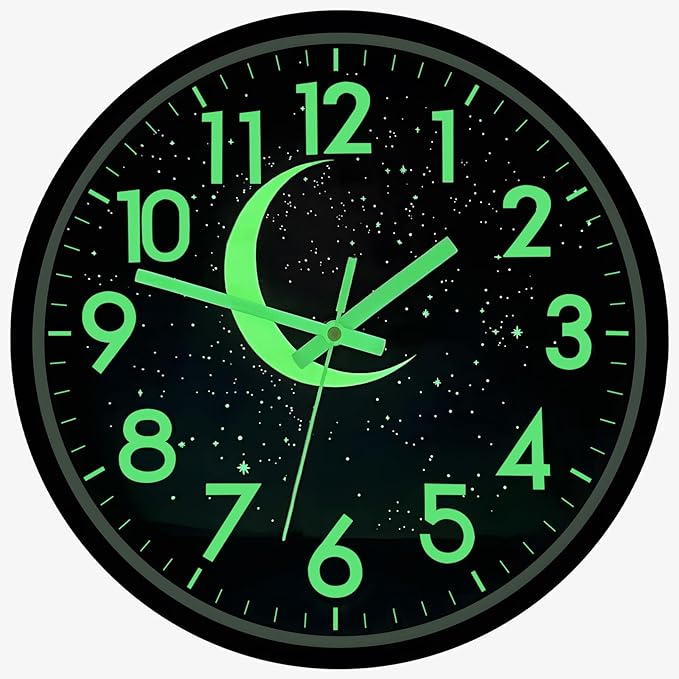 JoFomp Glow in The Dark Wall Clocks Battery Operated, 12 Inch Blue Moon Silent Wall Clock Non Ticking, LED Sound Control Light Up Wall Clock for Bedroom, Night Light Wall Clocks for Living Room Decor