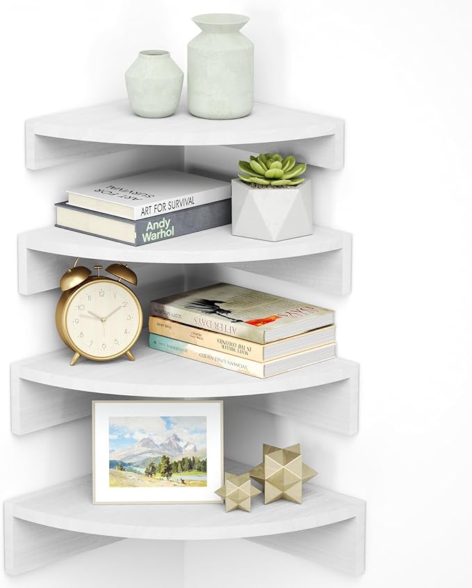 Alsonerbay White Corner Shelf Wall Mount, Set of 4 Floating Shelves for Storage and Display, Large Wooden Shelves for Bedroom, Living Room, Bathroom, Entryway, Garage