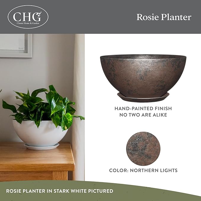 Classic Home and Garden Rosie Modern Planter w/Drainage - Contemporary Planter Bowls - Shallow Round Vases for Small Plants - Versatile Indoor & Outdoor Pots (10” Northern Lights)