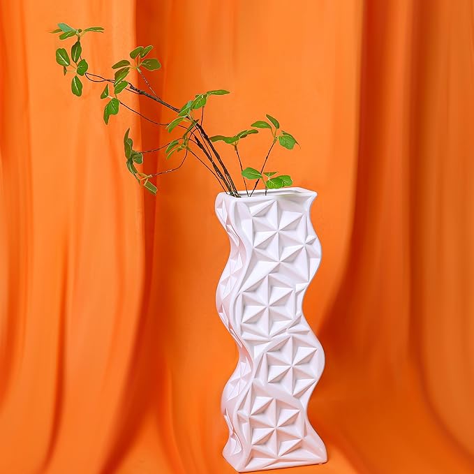 Modern White Ceramic Tall Vase, 15.94" Decorative Centerpiece for Living Room, Shelf, Table - Minimalist Twisted Design, Home Decor Flower Vase for Creative Displays