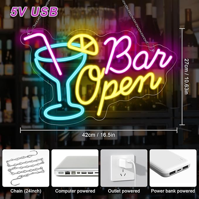 Bar Open Neon Sign, 16.5"X 10.6" Dimmable Bar Open Signs for Business with ON/OFF Switch, Powered by USB LED Light Up Sign for Home Man Cave Club Party Gift