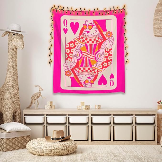 Queen Of Hearts Pink Trend preppy room decor Tapestry wall art Boho Wall Decor Vintage Hanging with Wall Aesthetic Tapestry Trendy Wall for Living Room Bedroom and Dorm Decor 70x90inch 
