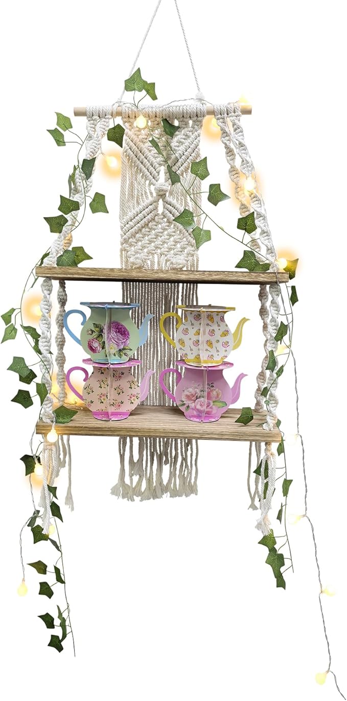 2 Tier Handmade Macrame Shelf, Boho Hanging Shelves, Macrame Wall Hanging Shelf with LED Light and Green Vine, Home Storage Cottage Core Bedroom Decor