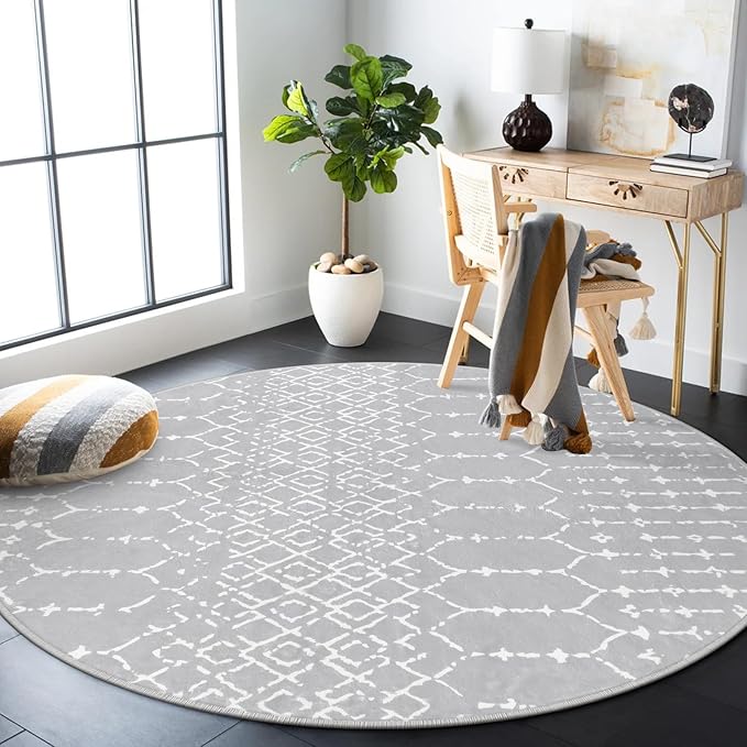 Lahome Moroccan Round Rugs - 6Ft Washable Circle Area Rug for Living Room Grey Non-Slip Stain Resistant Dining Room Rug Large Circle Rug, Modern Geometric Print Indoor Round for Bedroom Entryway