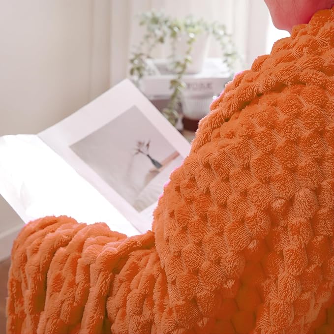 Puncuntex Burnt Orange Throw Blanket 90"×90" inches Fuzzy 3D Jacquard Decorative Flannel Fleece Super Soft Plush Cozy Blanket for Couch Sofa Chair Lightweight