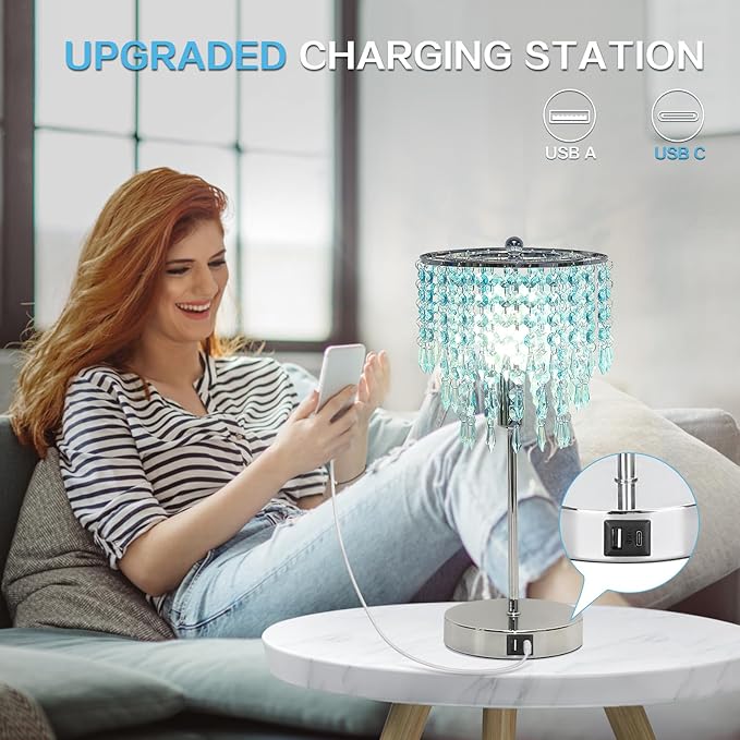 Touch Control Crystal Table Lamp, Dual USB Bedside Lamps for Bedroom, 3-Way Dimmable Nightstand Lamp with Elegant Teal Shade for Living Room, Girls Room, Office, B11 6W LED Bulb Included