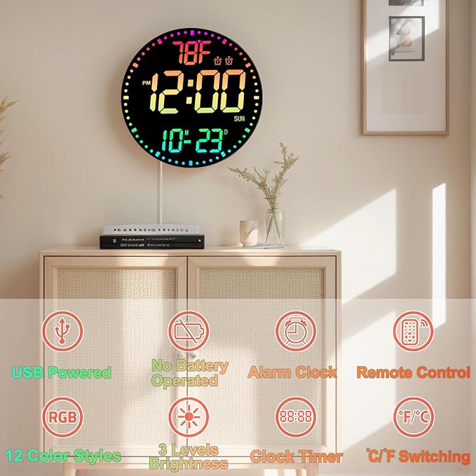 Large 12" RGB Color Changing Digital Wall Clock with Remote Control | LED Display Plug-in Clock with 3 Brightness Levels & Temperature Display | Perfect for Home, Gym, Classroom, Office