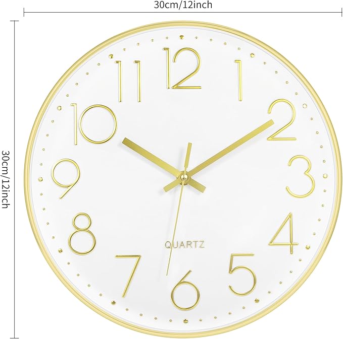 Lumuasky Gold Wall Clock 12 Inch Silent Non-Ticking Battery Operated Round Modern Clock for Living Room Bedroom Kitchen Home Office Decor