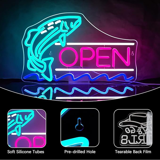 NEONLOVE Fish Neon Sign Fish Shop Neon Open Signs for Business Open Neon Signs Acrylic Fish Neon Light Sign for Fish Shop Supermarket Salmon Shop Open Light Up Sign Fish LED Neon Sign for Wall Decor