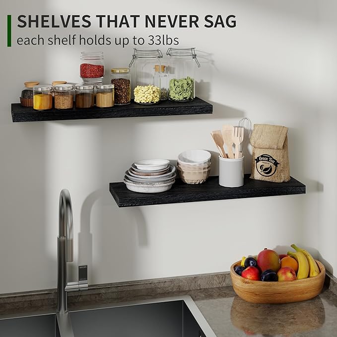 Marsmiles Wood Floating Shelves for Wall Set of 2, 24 Inch Wide Rustic Wooden Floating Shelves, Invisible Wall Mounted Display for Living Room Bedroom Kitchen Bathroom Office, Black