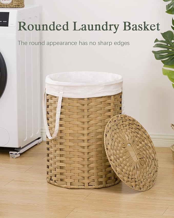 Laundry Hamper with Lid Laundry Basket with Lid 19.0 Gal (72 L) Round Wicker Laundry Basket Handwoven Rattan Hamper Removable Bag 2 Mesh Bags Handles for Living Room Bathroom Natural