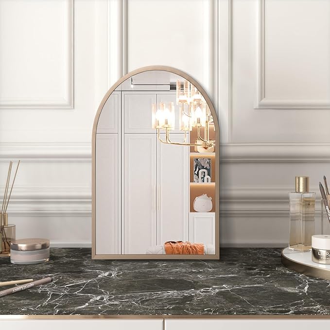 Arched Wall Mirror Aluminum Alloy Frame Bathroom Mirror Brushed Metal Vanity Wall Mounted Mirror for LivingRoom Bedroom Entryway Room Home Decor Brass 16"x12"