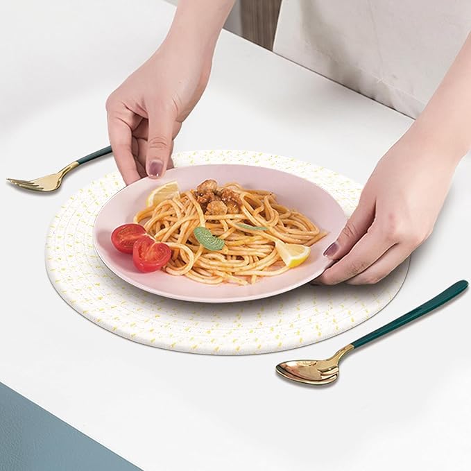 Round Placemats Set of 6, Cotton Rope Woven Table Mats, Hot Pads for Kitchen, Non Slip Heat Resistant Place Mats, 13 Inches Braided Placemat for Farmhouse Decor and Kitchen Table Decor (Beige Line)