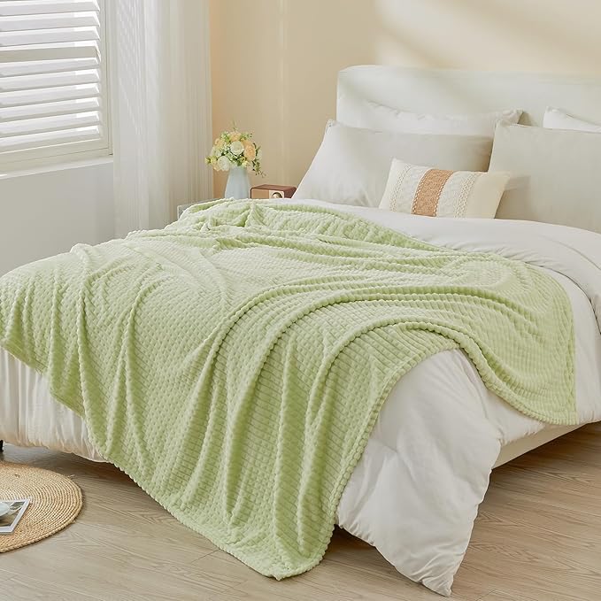 EMME Fleece Throw Blanket Luxury Flannel for Couch Bed Sofa Chair, Soft, Plush, Warm and Cozy Blanket with Geometric Grid Design (Sage Green, 60'' x 80'')