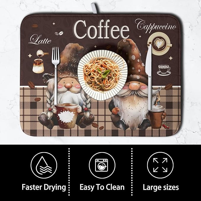 Coffee Gnomes Kitchen Dish Drying Mat for Dishes 16x18 Inch,Coffee Maker Mats for Tabletop,Brown Buffalo Plaid Mocha Coffee Cup Dishes Drainer Mats Super Absorbent Dish Rack Pad for Bar Sinks Counter