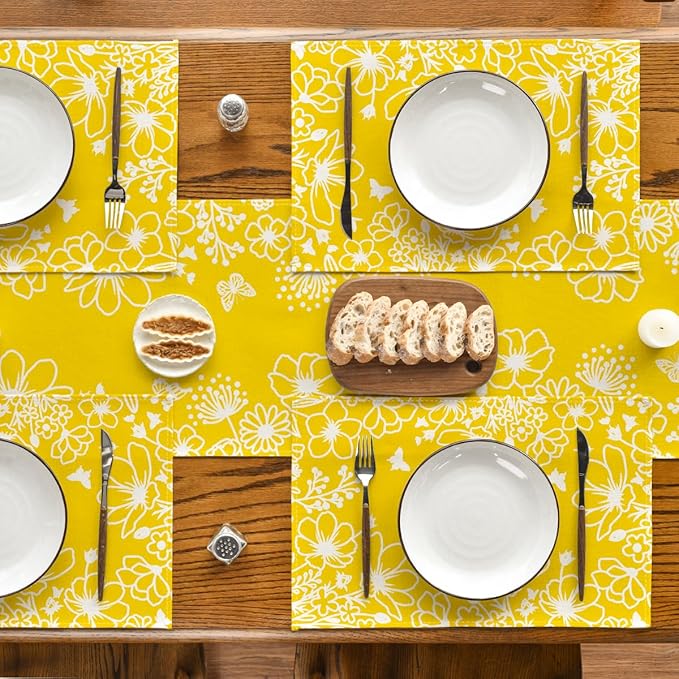 Artoid Mode Yellow Bloom Flowers Floral Spring Placemats Set of 4, 12x18 Inch Seasonal Summer Table Mats for Party Kitchen Dining Decoration