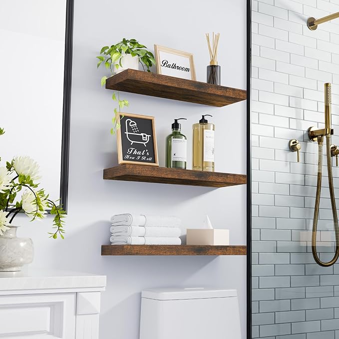 BAYKA Floating Shelves for Wall – Bathroom Shelves Rustic Wood with Metal Brackets for Bathroom, Bedroom, Kitchen, or Living Room Decor – Rustic Brown, Set of 3, Sturdy Storage with 22lb Capacity