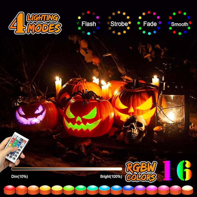 Halloween LED Flameless Pumpkin Lights, Battery Operated Jack-O-Lantern Lights with Remote Control and Timer, RGB Dimmable Color Changing Lights for Halloween and Pumpkin Decoration - 4 Pack