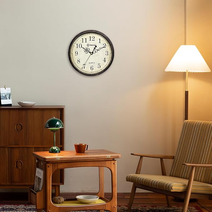 Geevon Vintage Wall Clock 10" Silent Non-Ticking - Retro Round Quartz Battery Operated Decorative Clock for Kitchen, Living Room, Bedroom, Office, Classroom